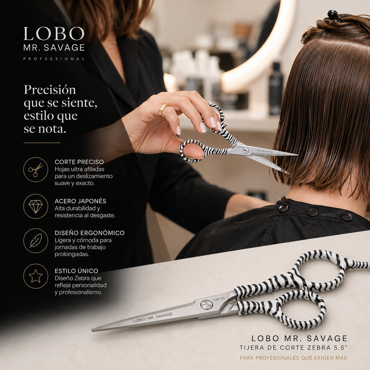 Lobo Professional Tijera Estilista Microdentada Cebra