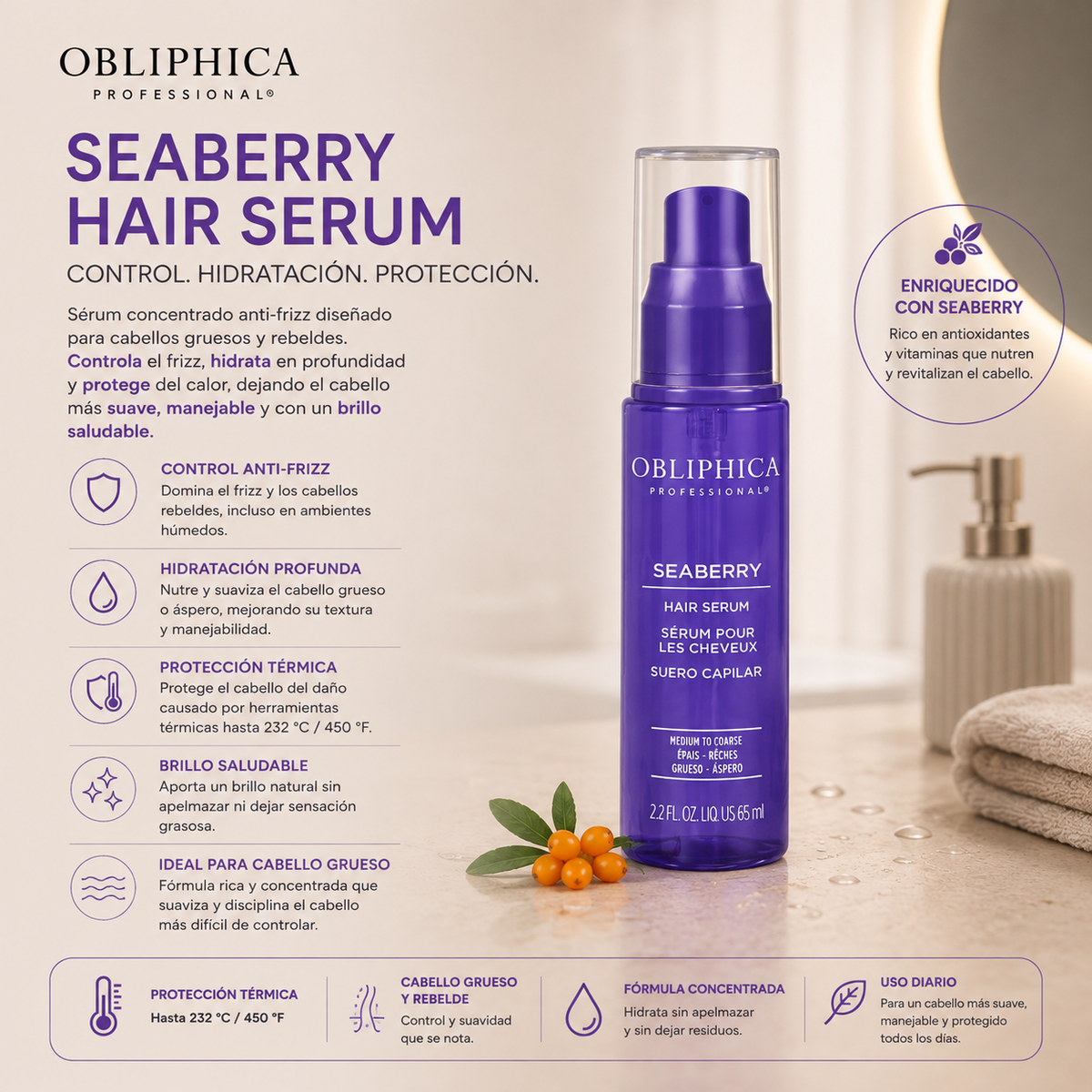 Obliphica Seaberry Colección Suavidad y Control Cabello Medio a Grueso 3 Pzas