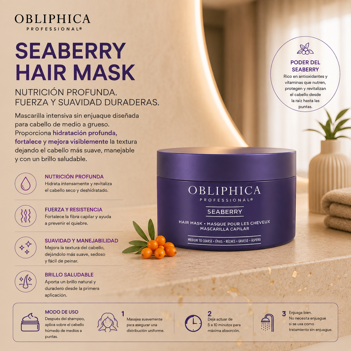 Obliphica Seaberry Colección Suavidad y Control Cabello Medio a Grueso 3 Pzas