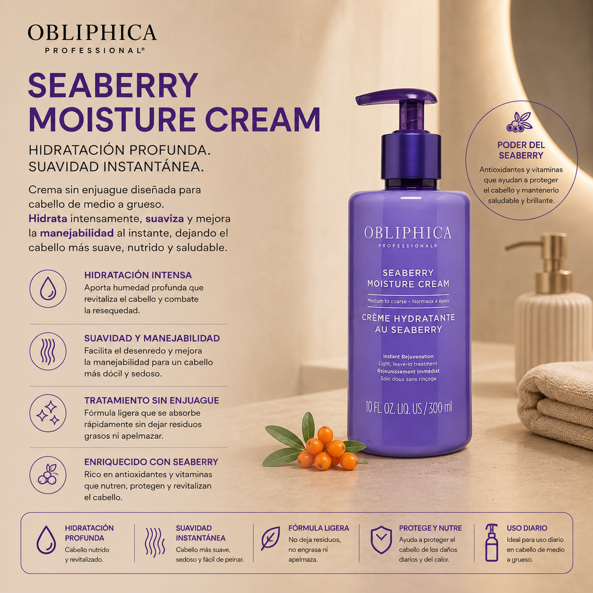 Obliphica Seaberry Crema Hidratante Sin Enjuague Cabello Medio a Grueso