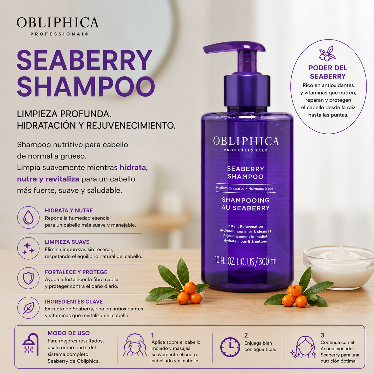 Obliphica Seaberry Colección Suavidad y Control Cabello Medio a Grueso 3 Pzas