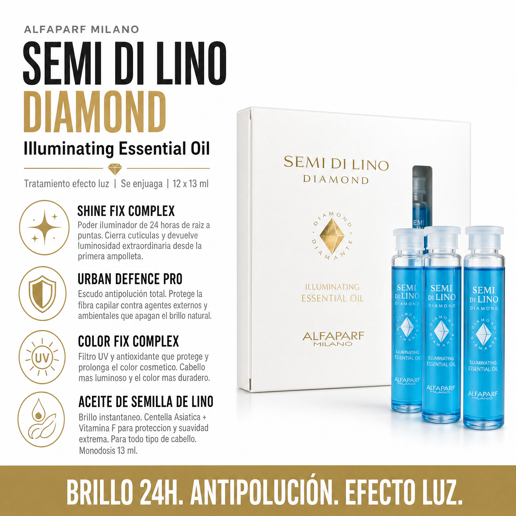Alfaparf Semi Di Lino Diamond Ampolletas Iluminating Essential Lotion 12 pzas x 13 ml